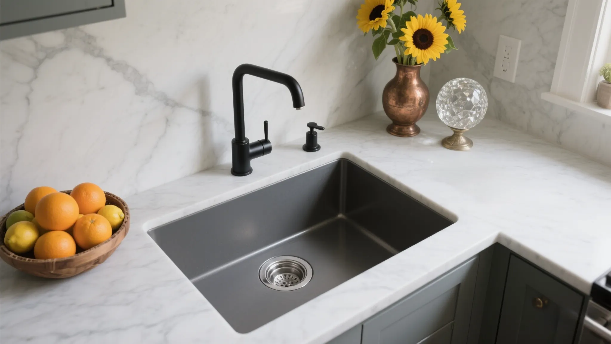 Minimalist black kitchen island with rectangular stainless steel sink, silver faucet, bright windows, white walls, and small plant decoration